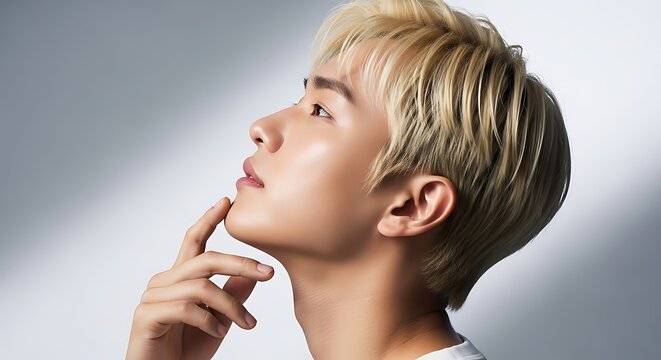Thoughtful young man with radiant skin and stylish blonde hair gazes upwards, hand gently touching his chin, embodying a sense of contemplation and serene beauty - Powered by Adobe