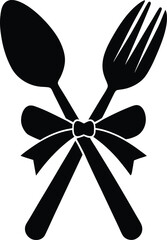 Cutlery Design with Ribbon for Culinary Occasions Creative Restaurant Decor Spoon and Fork Graphic for Menu Black Isolated on Transparency