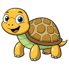 Smiling Cartoon Turtle with Yellow Skin and Shell on White Background