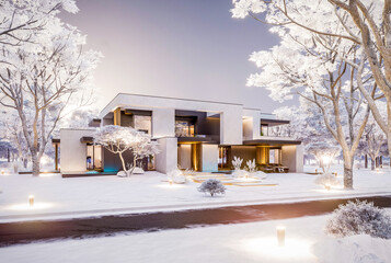 3d rendering of two-story house with parking and pool for sale or rent with concrete facade and beautiful landscaping on background. Cool winter day with shiny white snow
