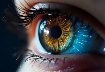 extreme close-up of a human eye, brown iris with intricate reflections, glowing blue circuit-like overlay, holographic pupil elements