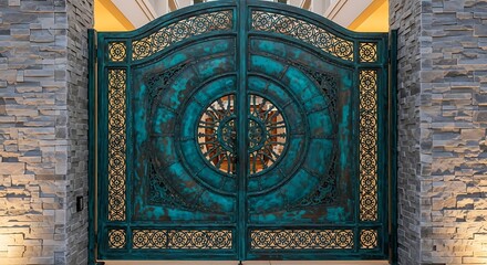 Ornate and intricate antique wrought iron gate with a striking teal patina and golden accents set against a textured stone wall illuminated by warm ambient light