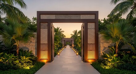 Elegant wooden gateway with intricate carvings leading down a tropical pathway lined with lush palm trees and soft ambient lighting at dusk