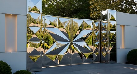 Modern abstract geometric gate with reflective polished metal surface mirroring lush green garden foliage and trees creating a striking visual illusion of depth and light