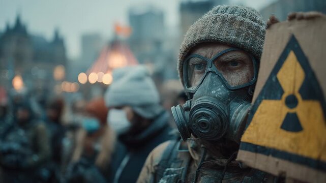 Nuclear Protestor Holding Sign in Crowded Street, Wearing a Gas Mask, Demonstrating Against Nuclear Waste and Pollution, Raising Awareness in Dystopian Future