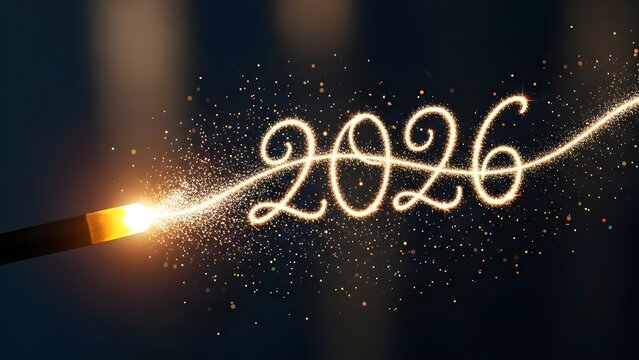 Sparkling light painting reveals the year 2026 in dark setting