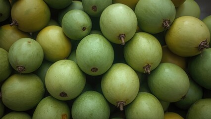Green passion fruit fresh from the farm, close-up of unripe exotic fruits.