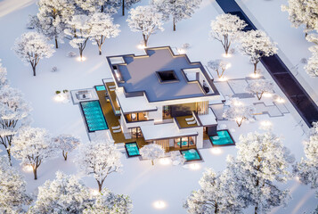 3d rendering of two-story house with parking and pool for sale or rent with concrete facade and beautiful landscaping on background. Cool winter day with shiny white snow