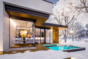 3d rendering of two-story house with parking and pool for sale or rent with concrete facade and beautiful landscaping on background. Cool winter day with shiny white snow