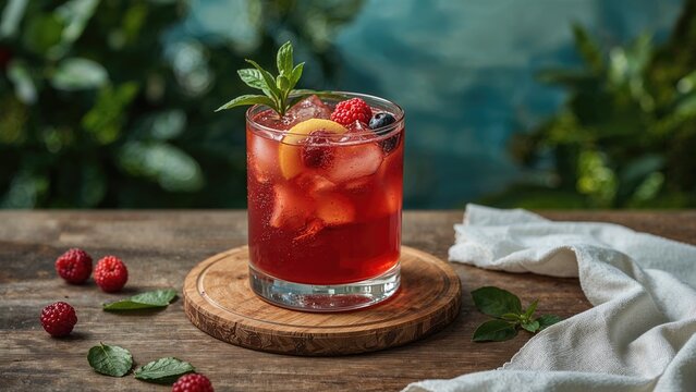 Fresh raspberry drink with strawberries and ice in a glass, served on a wooden board with scattered raspberries and leaves, and a white cloth nearby.