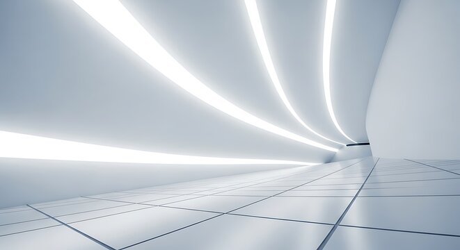 Sleek, futuristic white corridor with elegant curved lighting creating a dynamic and clean architectural background, perfect for modern design concepts and innovation