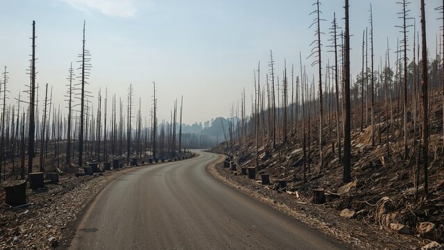 A burned forest landscape with a winding road and charred, leafless trees under a clear sky. - Powered by Adobe