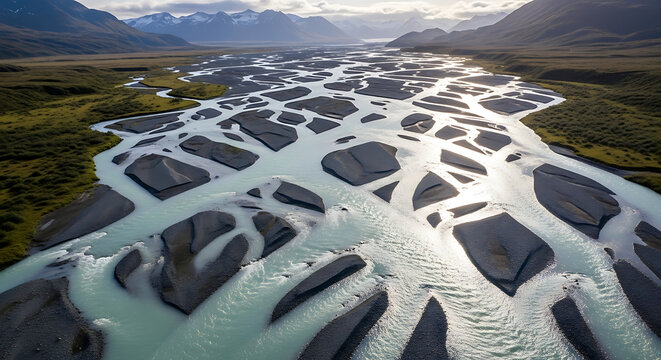 Aerial View of a Braided River with Glacial Meltwater Flowing Through a Valley with Mountains