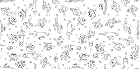 Seamless pattern of outlines cartoon astronauts and fantastic aliens met in space