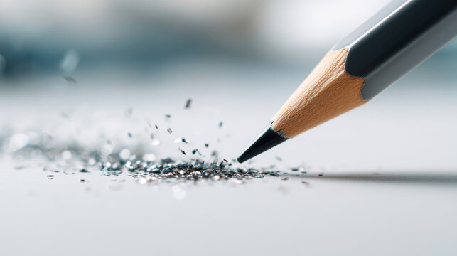 Close-up of a sharpened pencil tip with wood shavings scattered on a smooth surface in soft natural light - Powered by Adobe