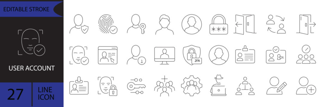 User Account Web Icon Set in Line Style. Collection of User profile Linear Icons, Including Profile, avatar, login, password, username, add friend, access, connect and more.