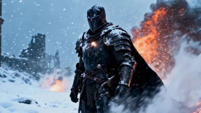 Armored knight medieval helmet and sword with glowing armor, flaming cloak amid snowy battlefield