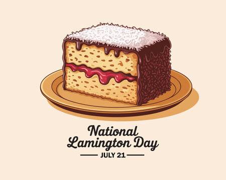 A piece of lamington cake with jelly on a plate for national lamington day july - Powered by Adobe