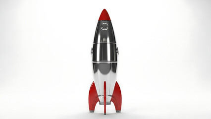 A sleek, vintage-style rocket ship rendered in shiny chrome and red, isolated on a white background, a powerful metaphor for launching a new project or business venture