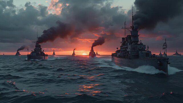 Vivid crimson horizon as vessels dash across turbulent waters