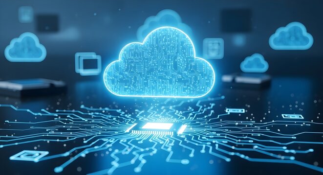 Cloud computing network with glowing blue data streams and cloud icons