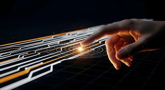 Human Finger Touching Futuristic Circuit Board with Glowing Connection Point Digital Technology Concept Close Up Abstract Representation of Data Stream Artificial Intelligence - Powered by Adobe