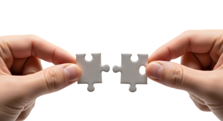 Hands connecting puzzle pieces isolated on transparent background