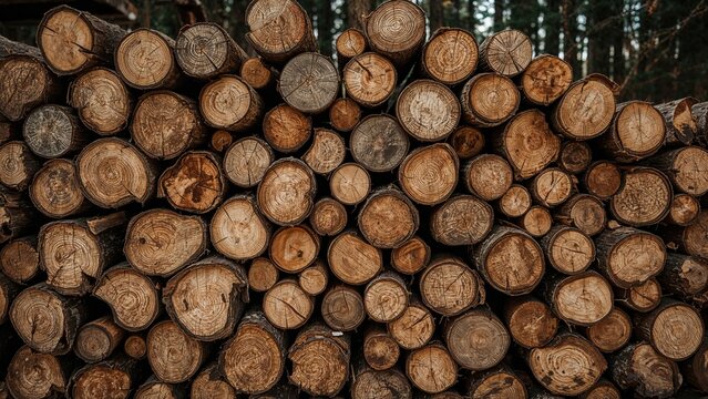 Stacked logs of wood ready for processing or firewood.
