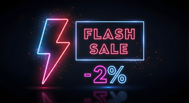 Flash Sale Neon Sign Design with Lightning Bolt and Percentage Discount Advertising Promotion Marketing Campaign and Limited Time Offer Concept for Retail Business