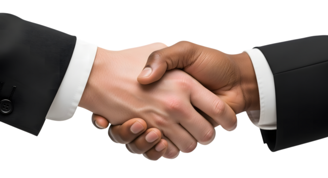 Business handshake agreement between two men isolated on transparent background