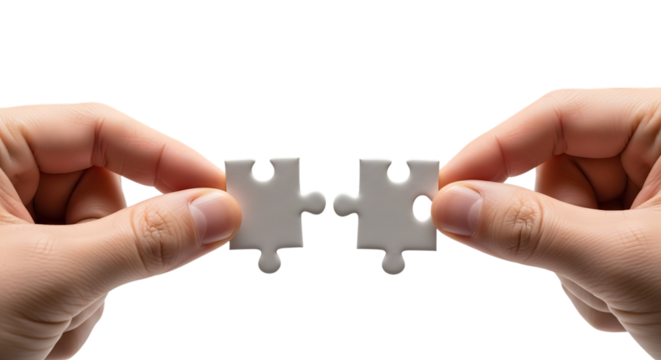 Hands connecting puzzle pieces isolated on transparent background - Powered by Adobe