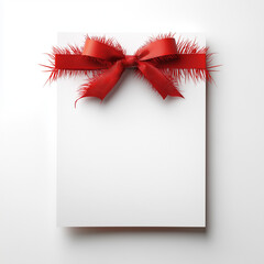 White Blank Card with Decorative Red Ribbon and Feather Bow