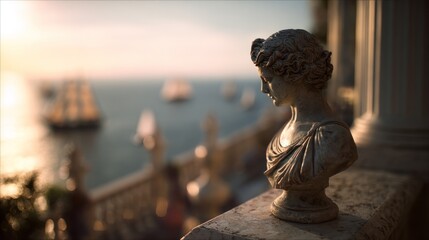 Classical Bust Overlooking the Sea at Sunset, a Moment of Reflection.