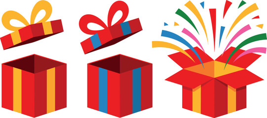 Three open gift boxes with colorful streamers open box