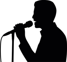 Black silhouette of a man singing into a microphone