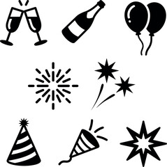 Black celebration icons on white background party toast