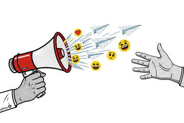 Spreading Messages Hand Holding Megaphone Sharing Emoji Faces and Paper Planes Digital on transparent background