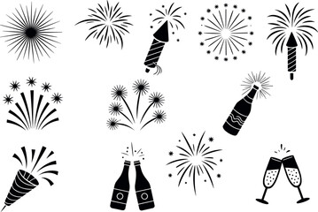 Black vector icons of fireworks and celebration bottles