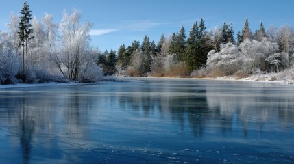 Obraz premium A winter landscape with a frozen lake and snow-covered trees under a clear blue sky. A tranquil atmosphere, reflections on the ice, and the frosty beauty of nature.