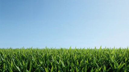 Obraz premium A lush green field of grass under a clear blue sky.
