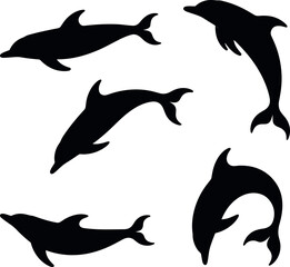 Five black dolphin silhouettes in various swimming poses