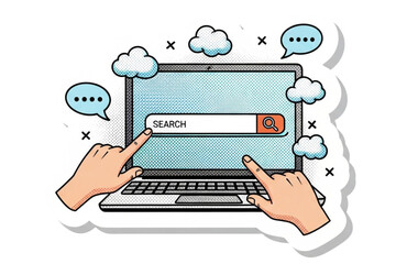 Internet Search Concept Illustration Computer Hands Cloud Speech Bubbles Digital Research on transparent background