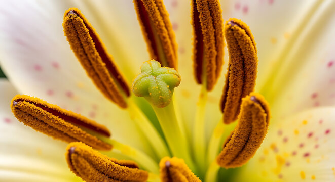 Extreme close-up of a lily flower's stamen and pistil with pollen grains visible graphic