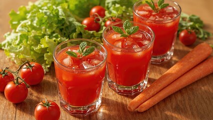 Three glasses of tomato juice with ice, surrounded by cherry tomatoes, lettuce, and carrots on a wooden surface.