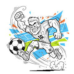 Cartoon soccer champion hitting ball with force in dramatic goal moment.