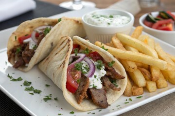 two greek gyros with shaved lamb and french fries