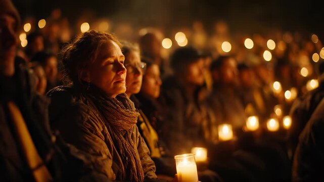 Vigil Crowd Holding Candles in Remembrance, Somber Gathering with Golden Warm Light, Community Solidarity, Mourning Event.