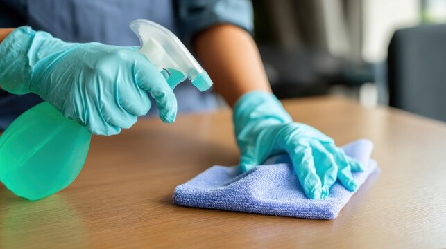 Stunning photo of cleaning staff disinfecting surface with microfiber cloth and spray bottle.