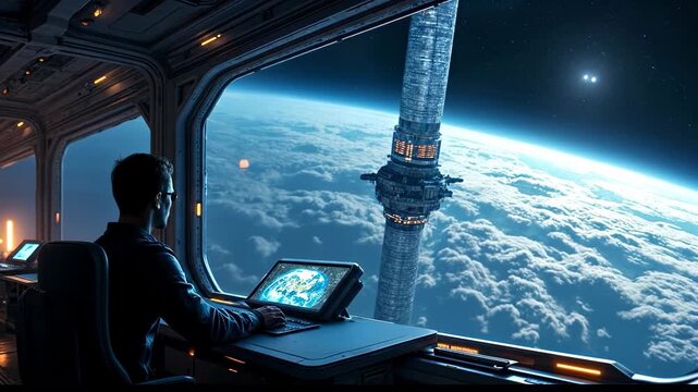 Man views a massive space station and the Earth's atmosphere from the control desk of a futuristic spaceship or orbital outpost
