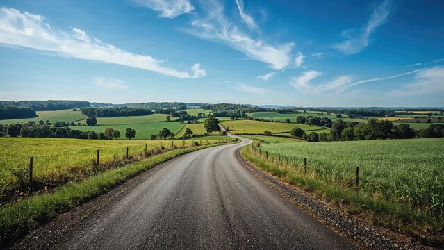 Scenic rural landscape with a winding gravel road through green fields and blue skies, showcasing countryside and nature.